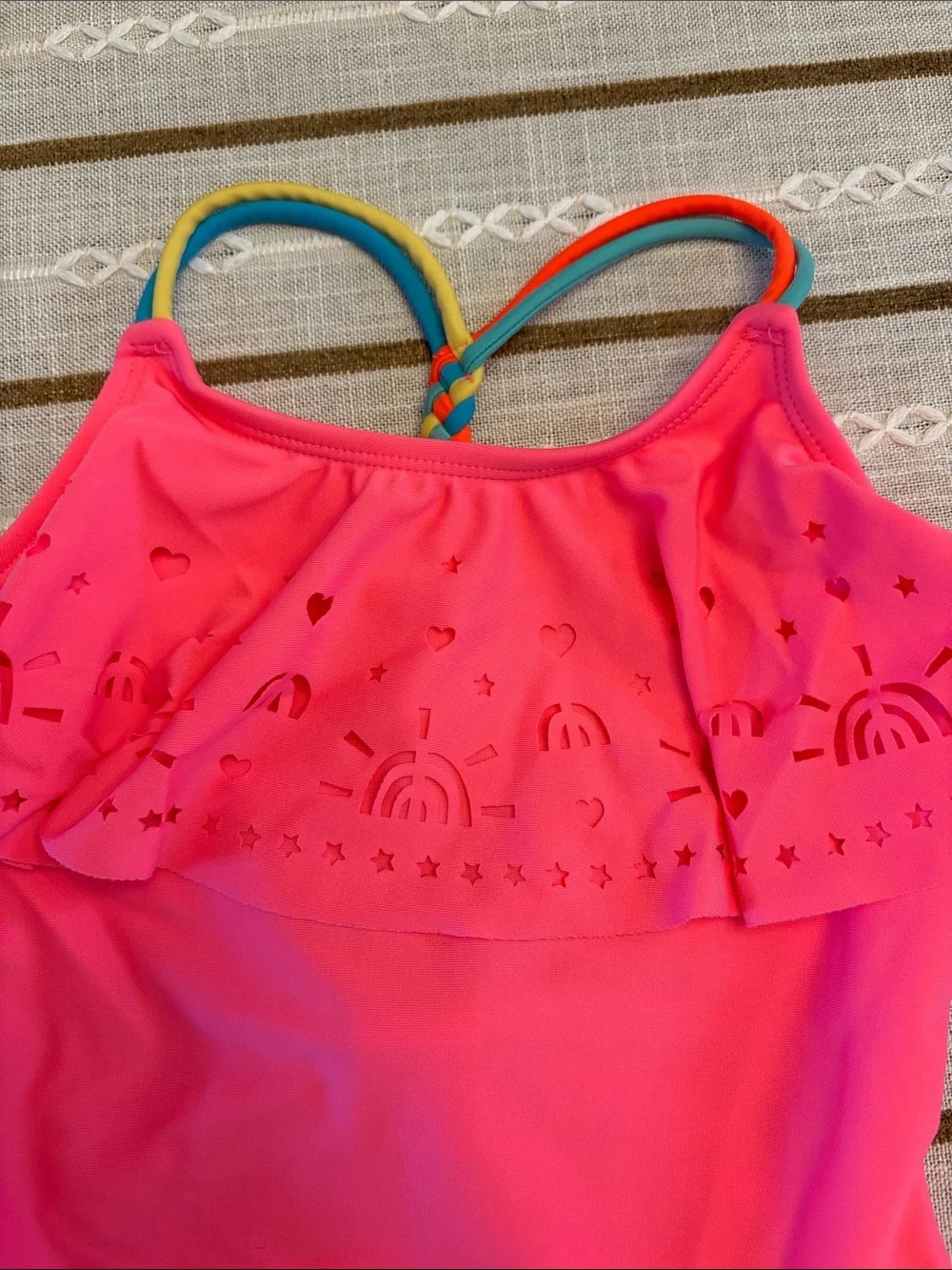 Cat & Jack Bright Pink Ruffle One-Piece Swimsuit with Rainbow Straps